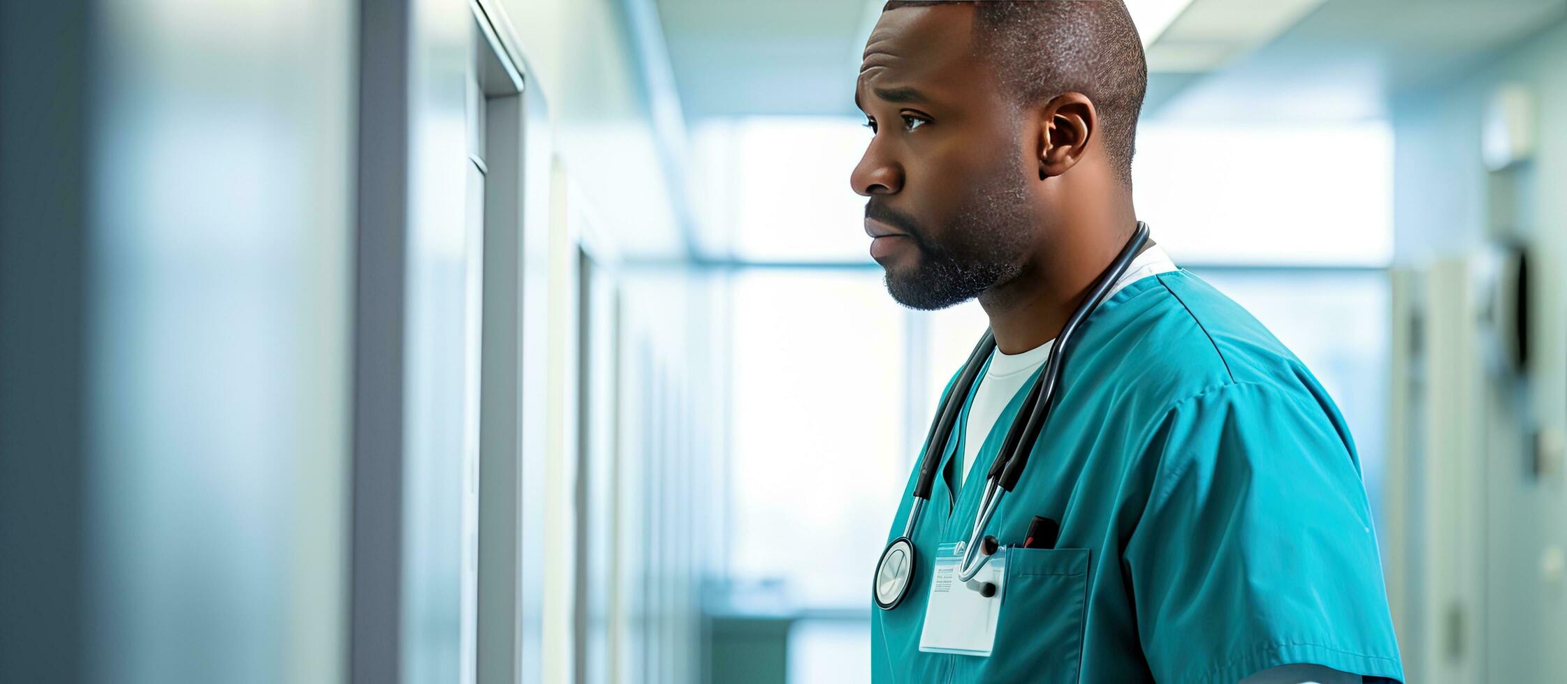 African American male doctor browsing patient notes in hospital corridor empty space Healthcare and medical services photo