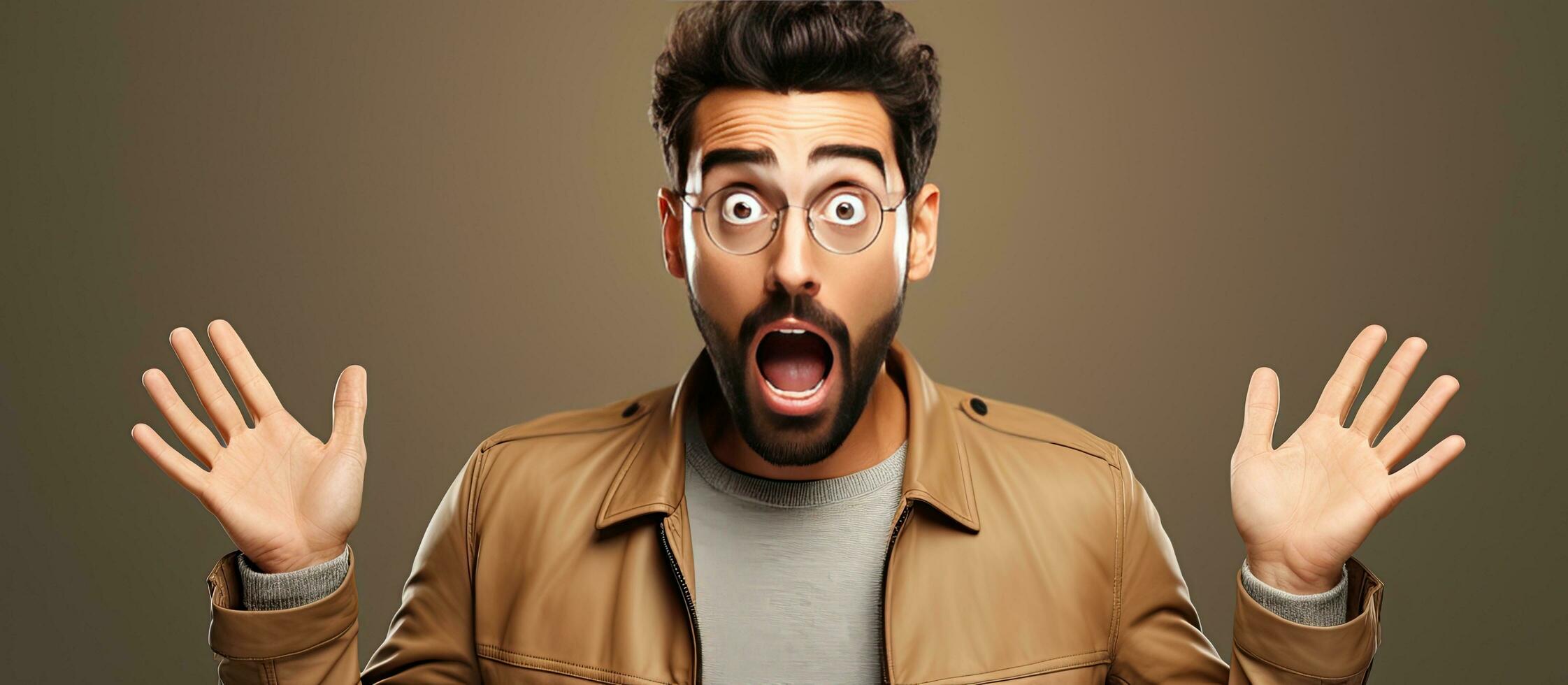 A youthful attractive man with a surprised expression pointing upwards with both hands towards empty area photo