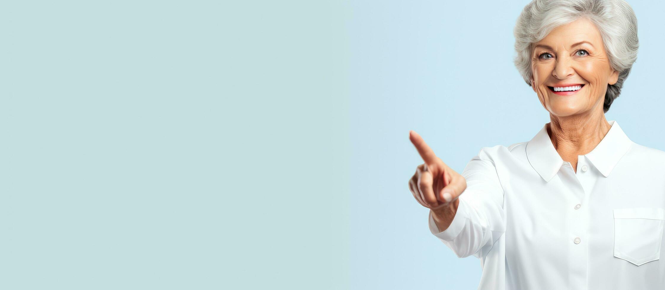 Elderly patient in hospital uniform pointing to blank space representing healthcare and insurance photo