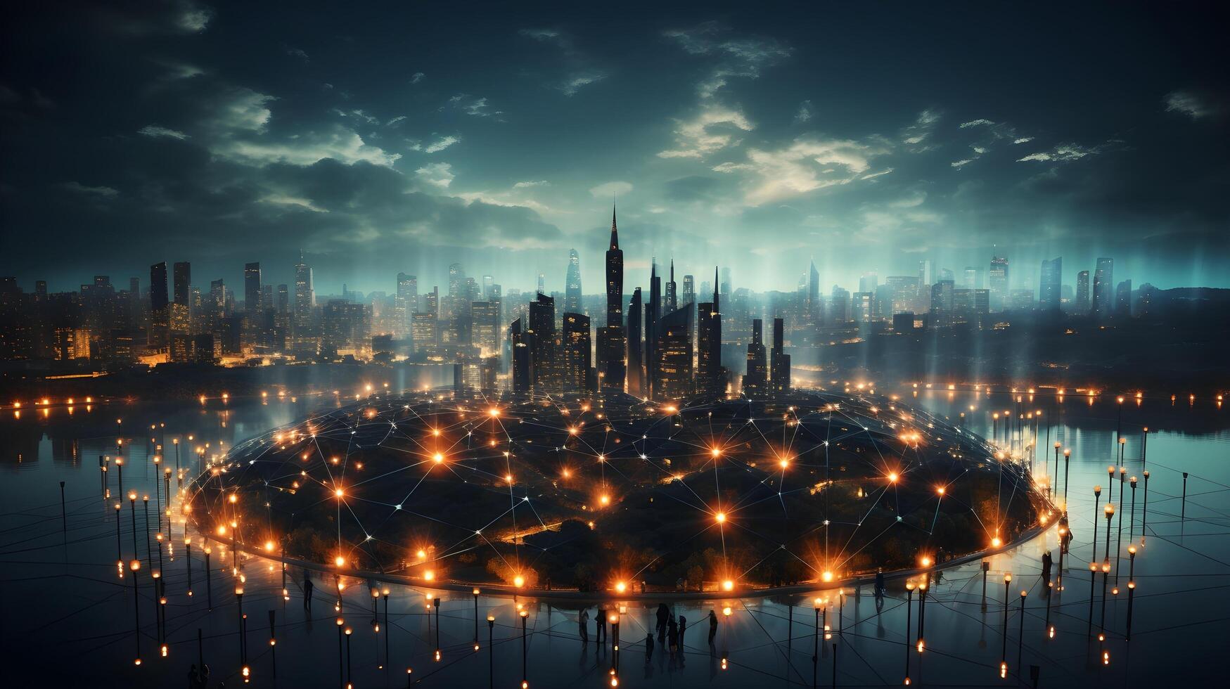 a city with lights and a tower in the middle. photo