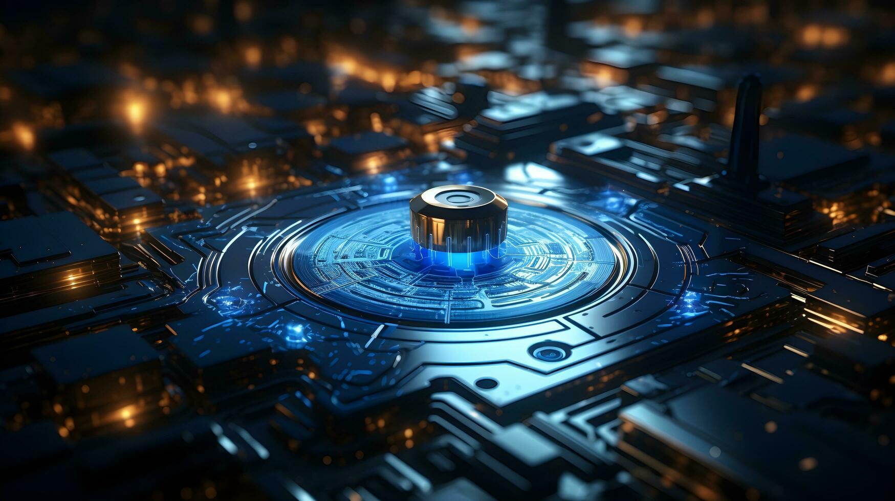 a close up of a circuit board with a blue button. AI Generated photo