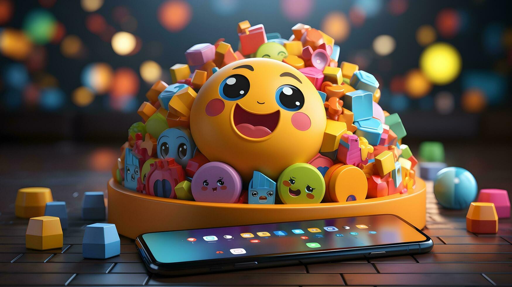a phone with a smiley face on top of a pile of colorful toys. AI Generated photo