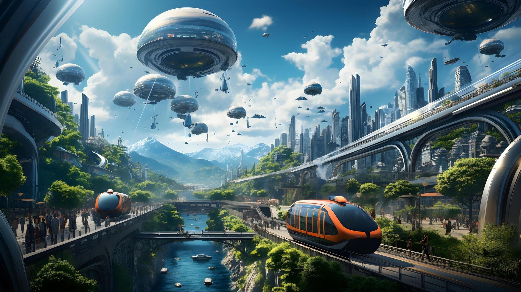 futuristic city with futuristic cars and flying cars. AI Generated photo