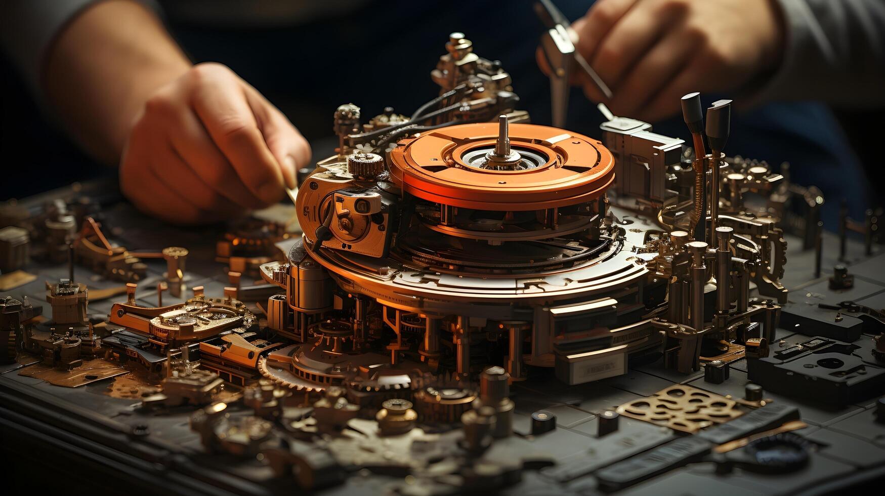 a person is working on a clock with a clock mechanism. photo