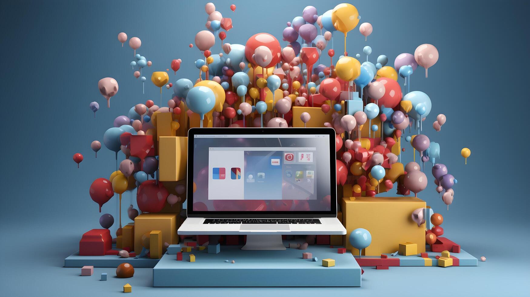 a laptop computer surrounded by colorful balloons. photo