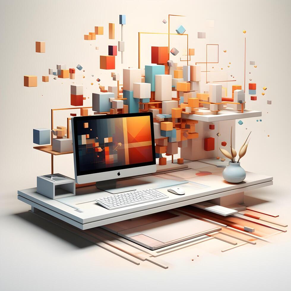 a computer with a keyboard and mouse on a desk. photo