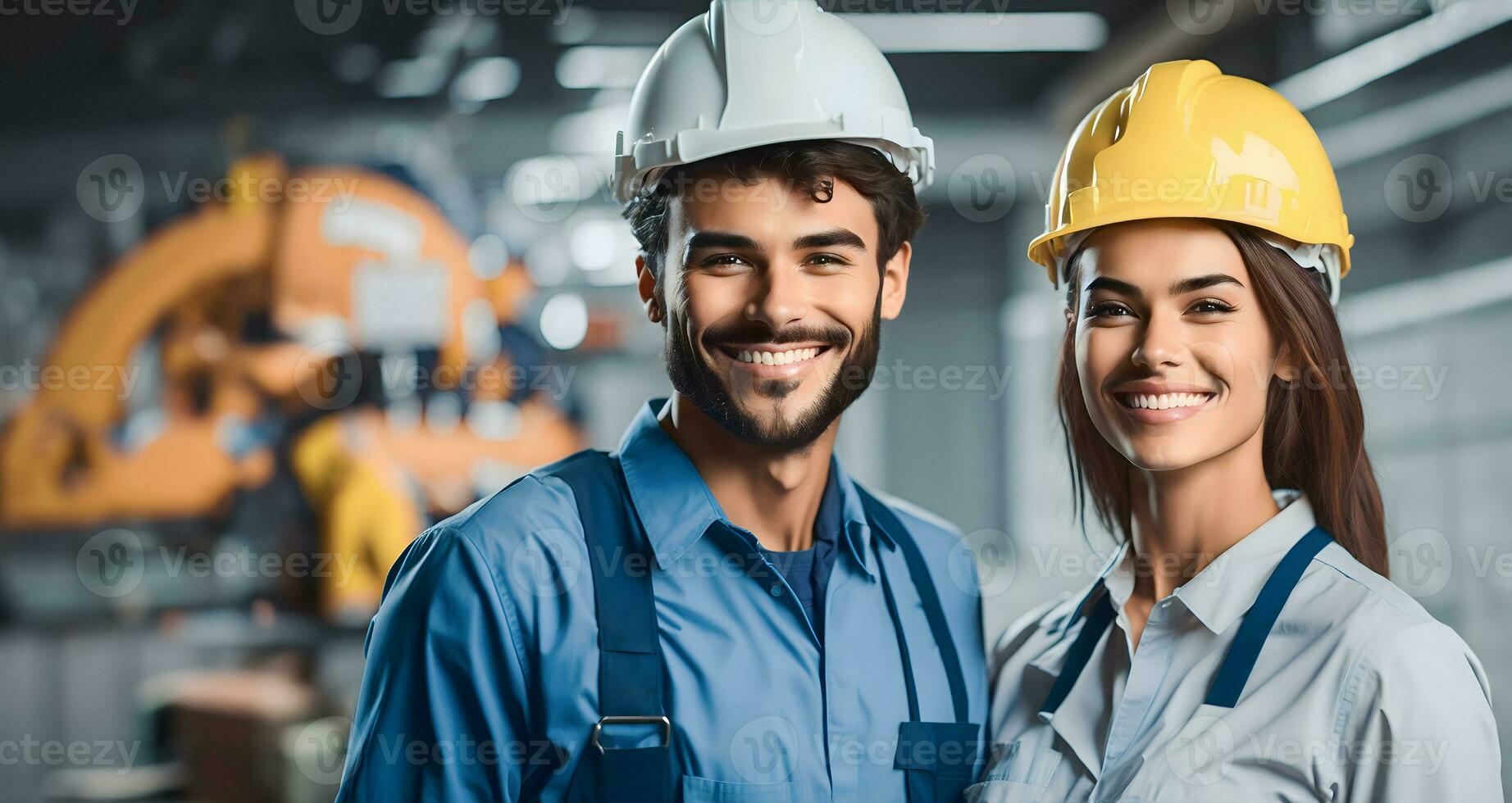 Portrait of happy industrial factory workers. Man and woman, professional worker in a helmet. Labour day concept with people. AI Generative photo