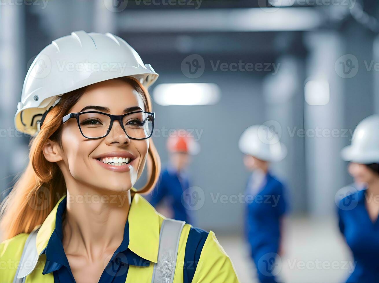 Portrait of happy industrial factory worker. Professional in a helmet. Labour day concept with woman. AI Generative photo