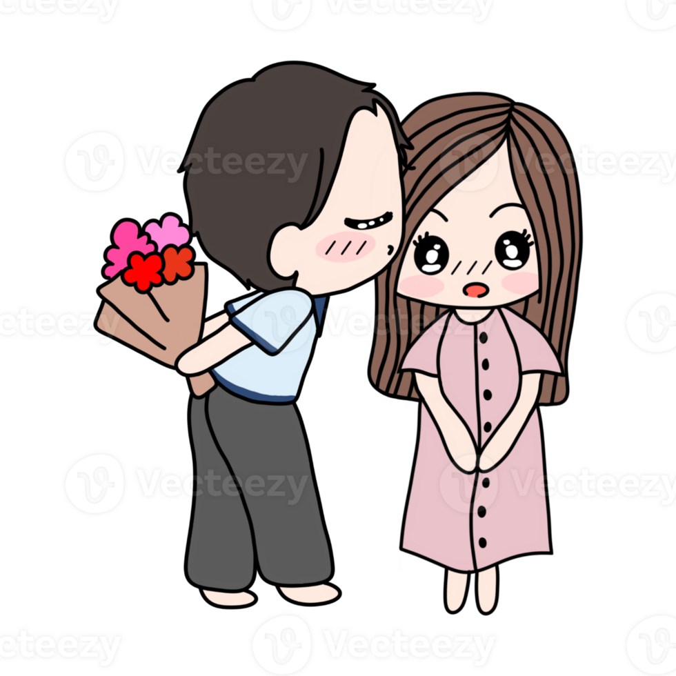 mignonne dessin animé couple prendre rouge bouquet. png