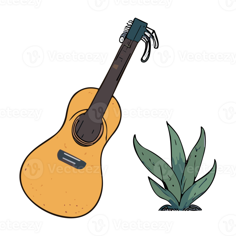 Guitar and succulent. Hand drawn AI Generative illustration in cartoon style. png