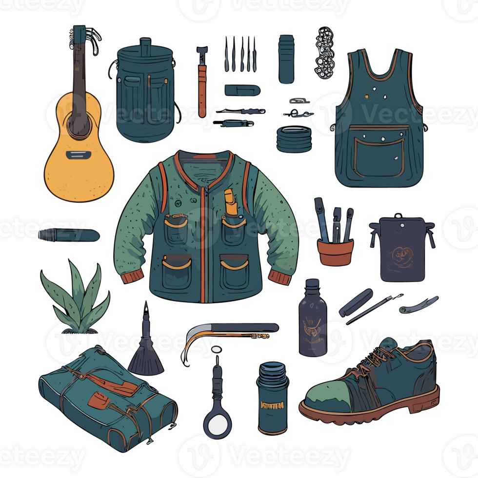 Hiking and camping equipment set. Hand drawn illustration in sketch style. png