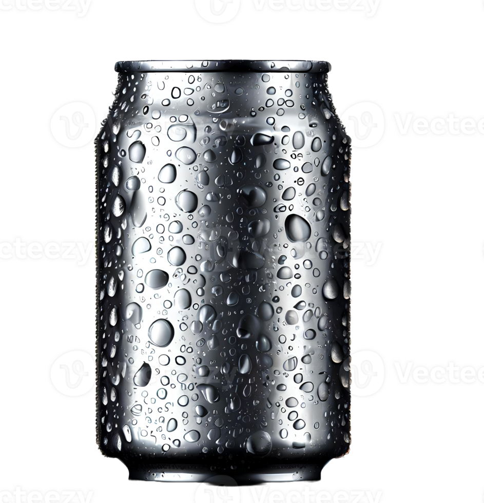 Aluminum soda can with water drops isolated on transparent background with empty space around it AI Generated png