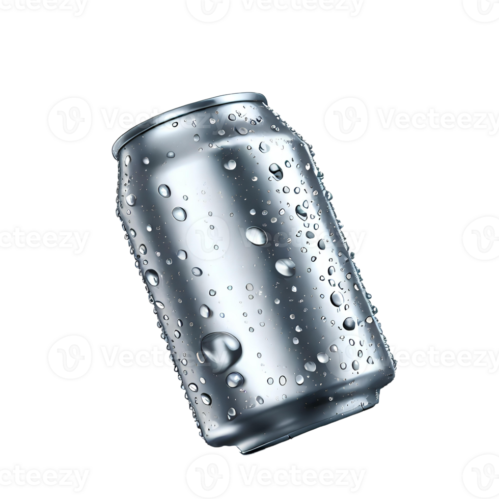 Aluminum soda can with water drops isolated on transparent background with empty space around it AI Generated png