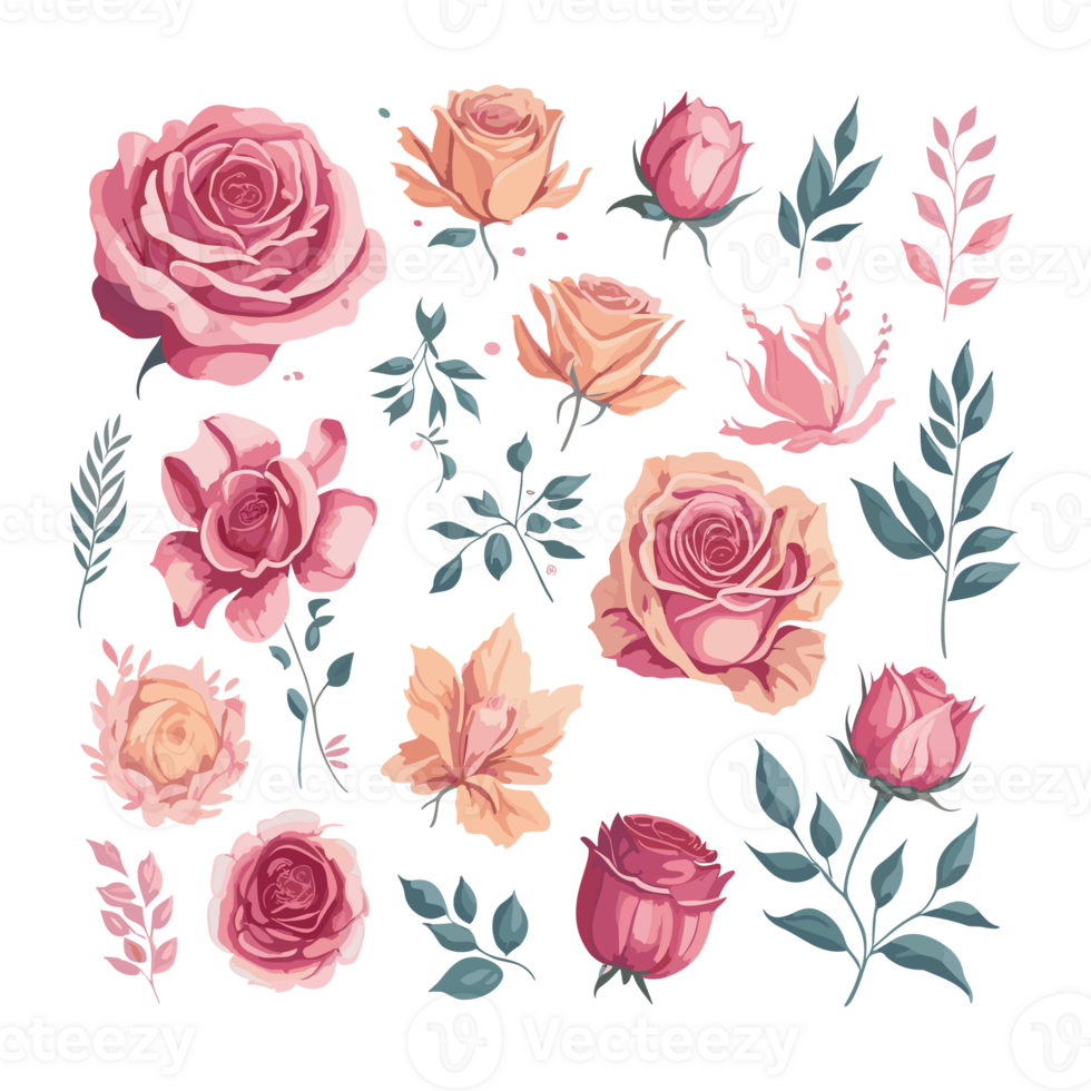 Set of hand drawn roses and leaves ai generative illustration in cartoon style. png