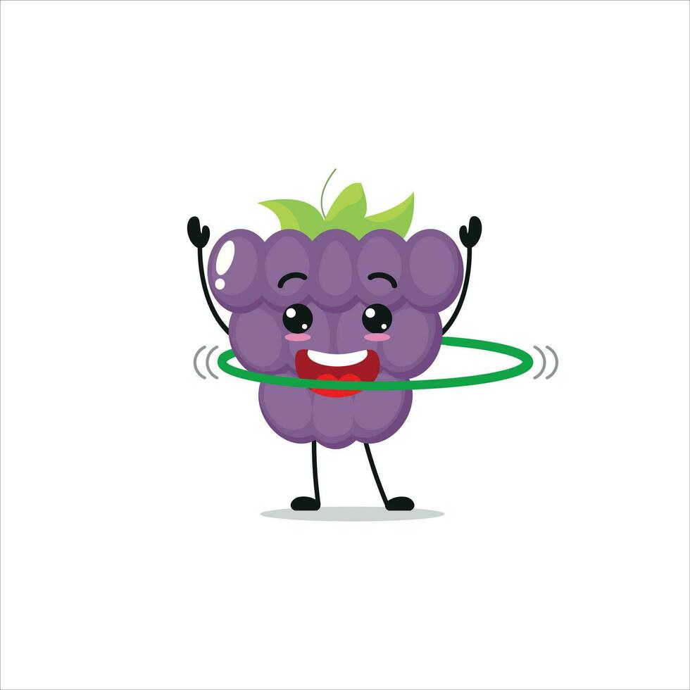 Cute and funny grape doing hop. fruit doing fitness or sports exercises. Happy character working out vector illustration.