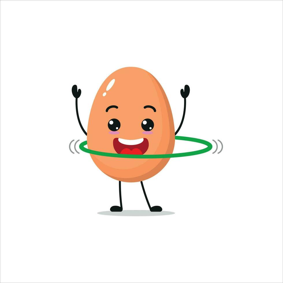 Cute and funny egg doing hop. food doing fitness or sports exercises. Happy character working out vector illustration.