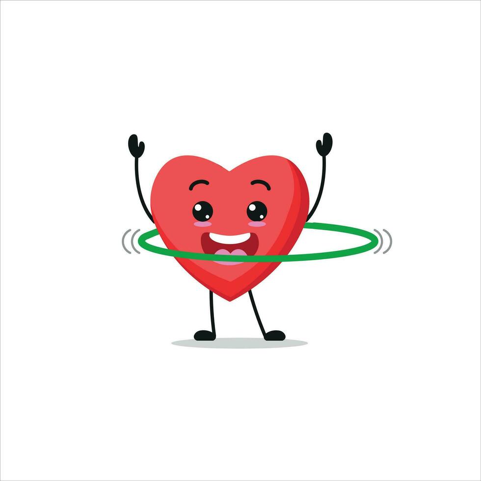 Cute and funny heart doing hop. food doing fitness or sports exercises. Happy character working out vector illustration.