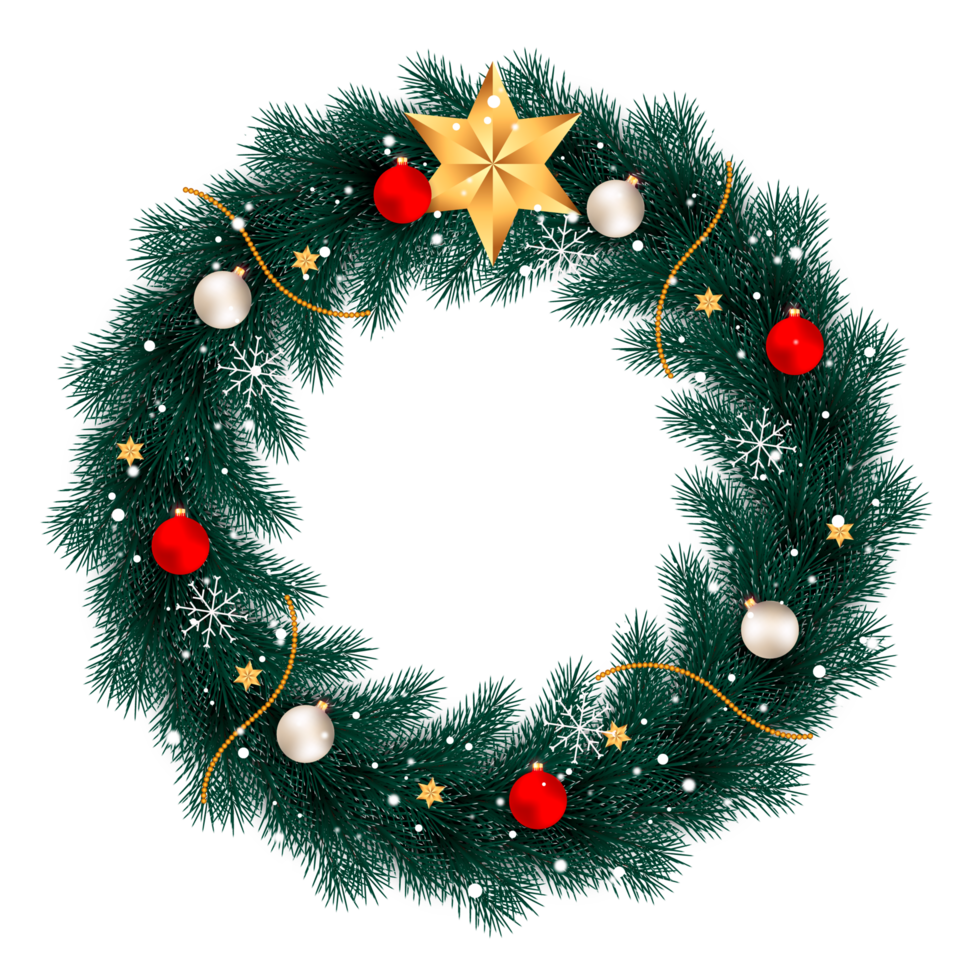 Christmas wreath design merry christmas door decoration element with christmas ball ribbon and snowflake and star png