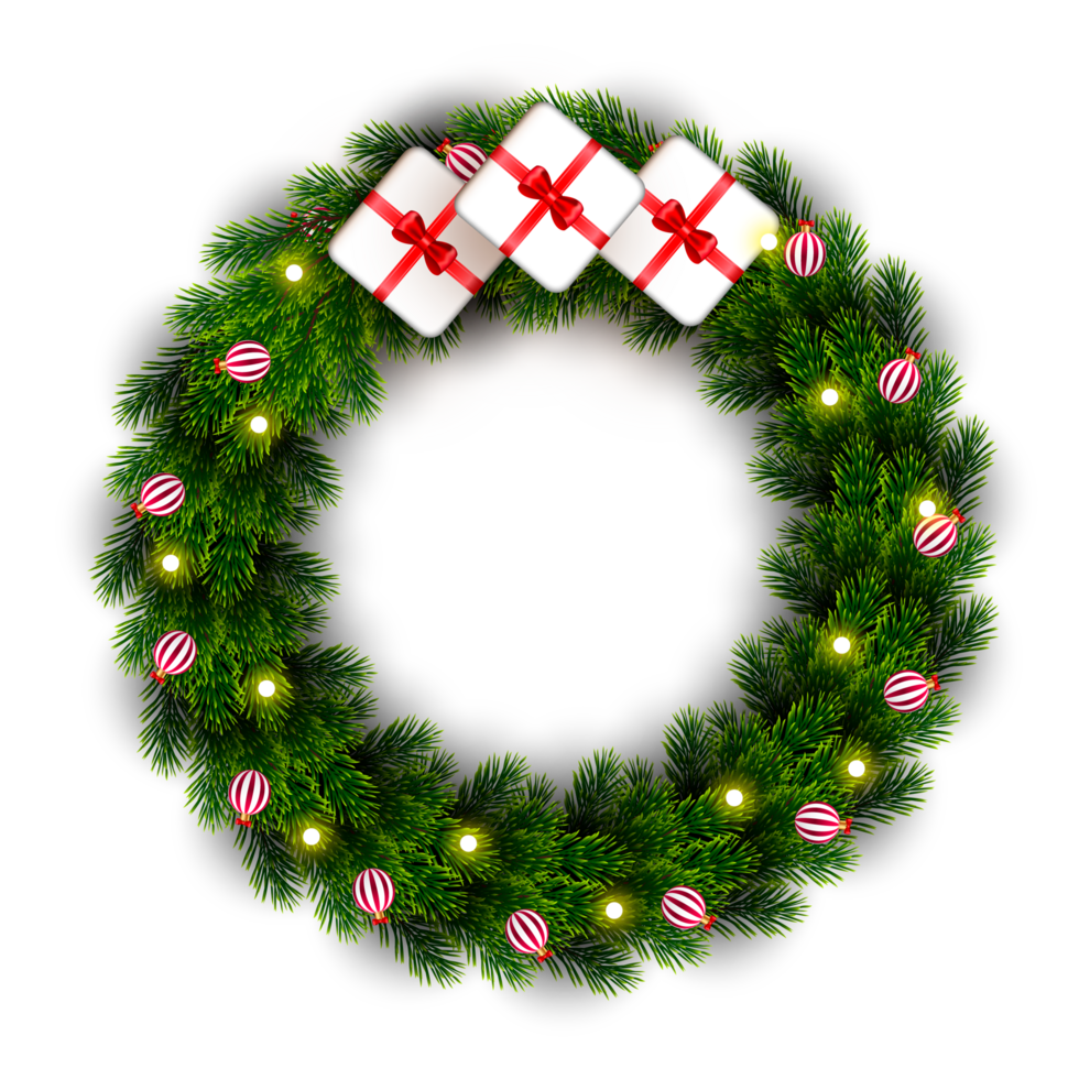 Christmas wreath decoration with Christmas ball and pine branch and Christmas star png