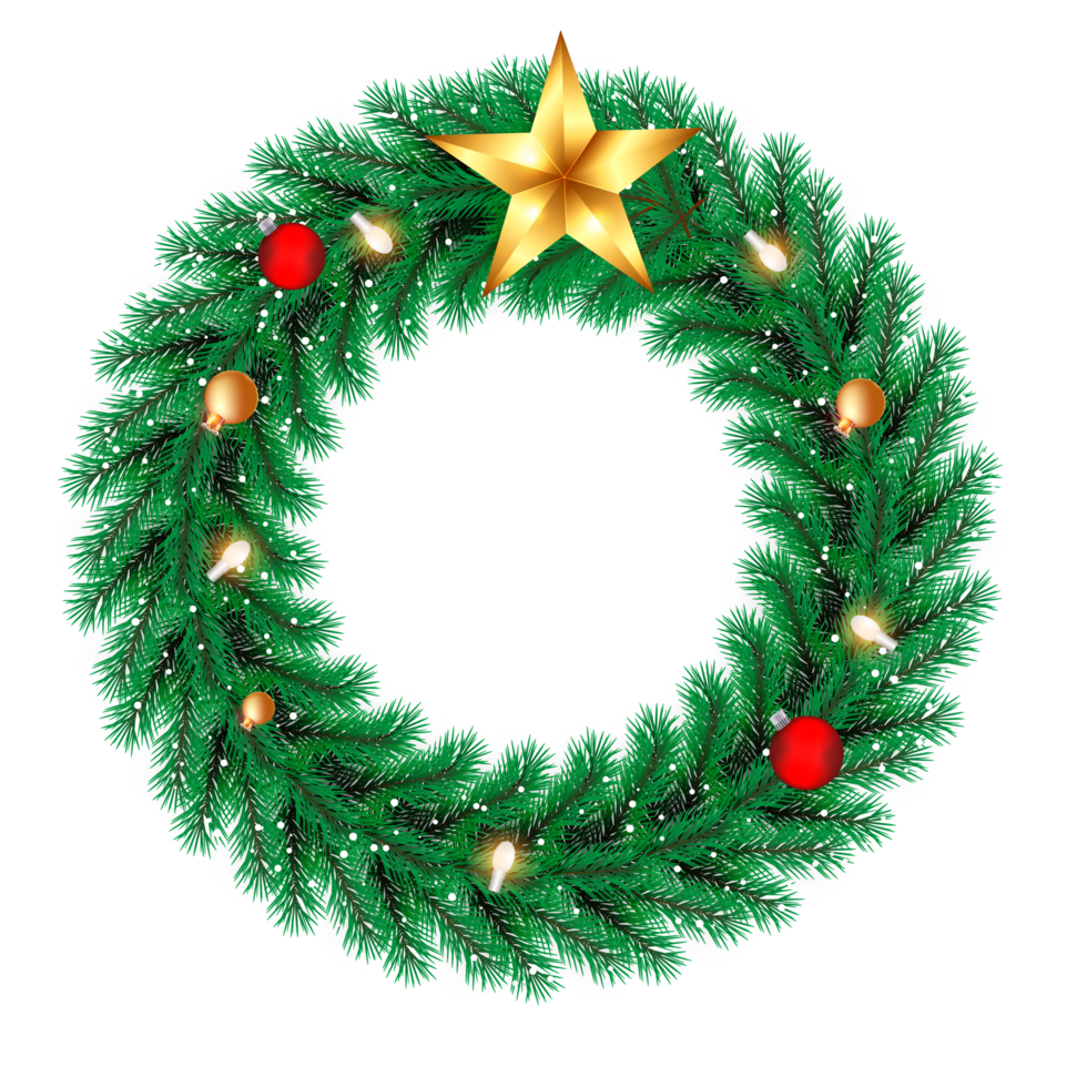 Christmas wreath decoration with Christmas ball and pine branch and Christmas star png