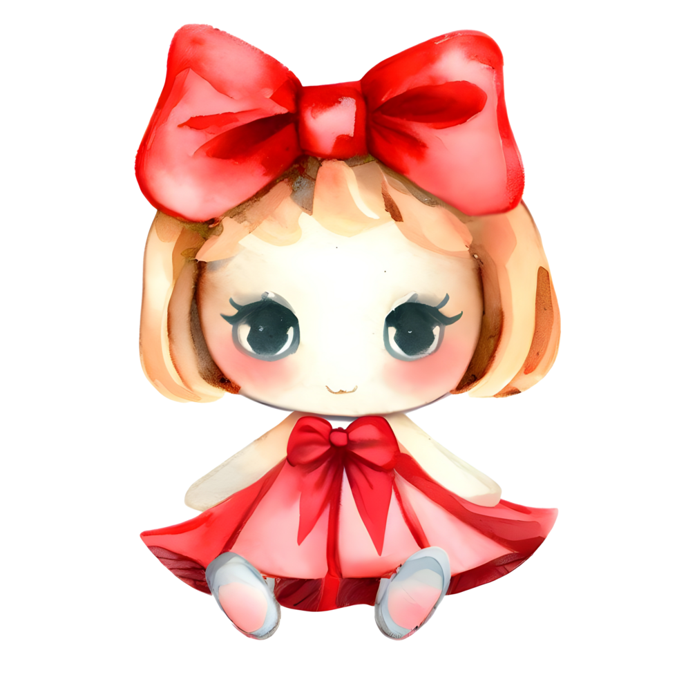 Watercolor and painting baby cute doll with red bow. Png file