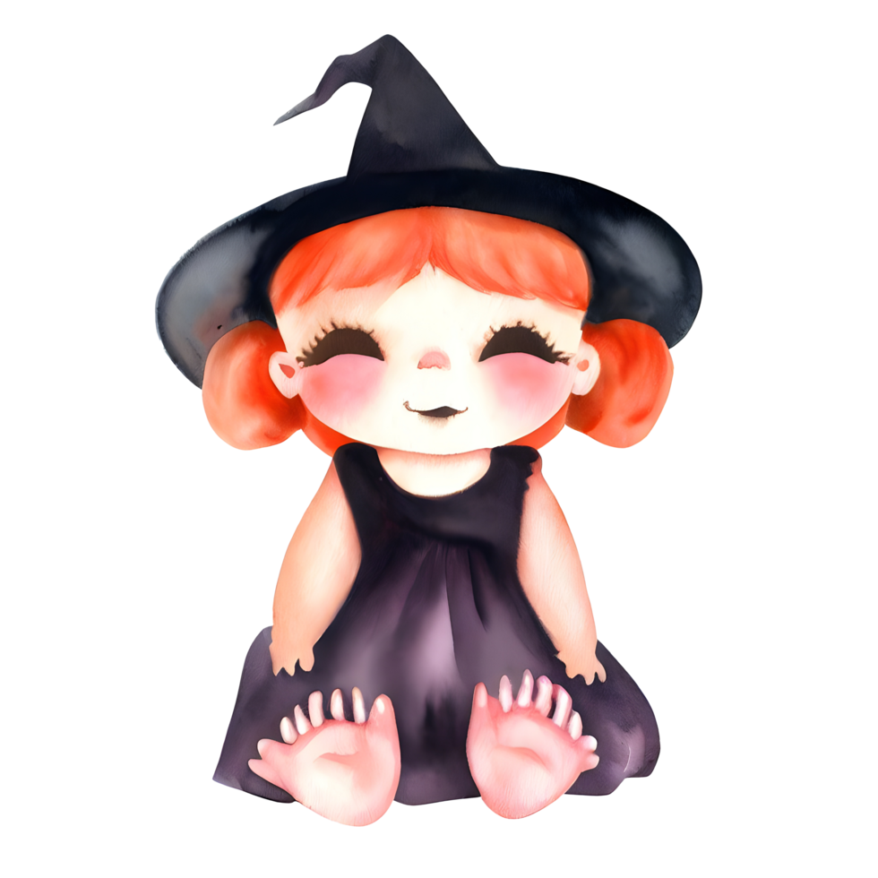 Watercolor and painting halloween witch girl  doll with black hat element illustration png