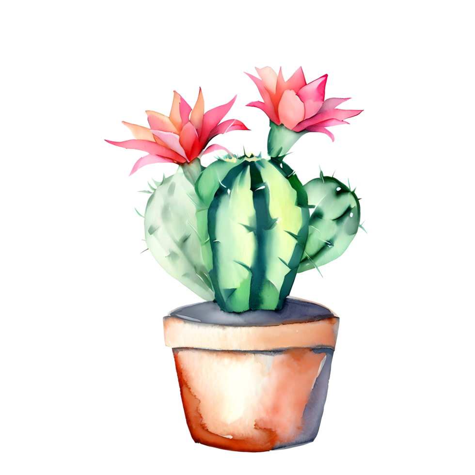 Watercolor Blooming cactus with flowers in vintage pots. png