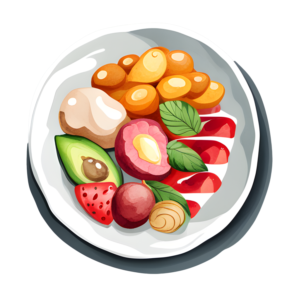 Watercolor for Delicious fruit salad and vegetables with yogurt on white bowl. Food Illustration png