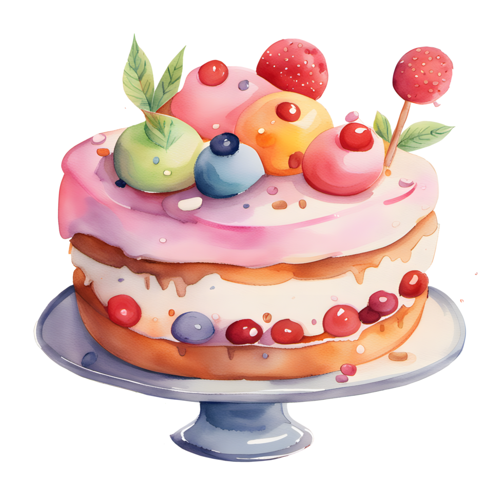 Watercolor fresh sweet colorful fruits cakes. Cherry, strawberry and orange topping cream. Homemade bakery with dessert and food illustration png