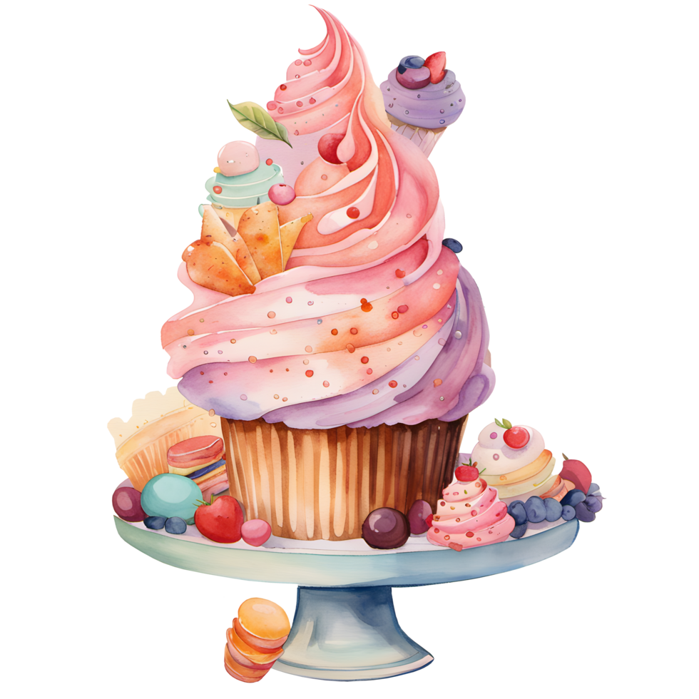 Watercolor fresh sweet colorful rainbow cupcakes and strawberry, berry topping cream. Homemade bakery with dessert and food illustration png