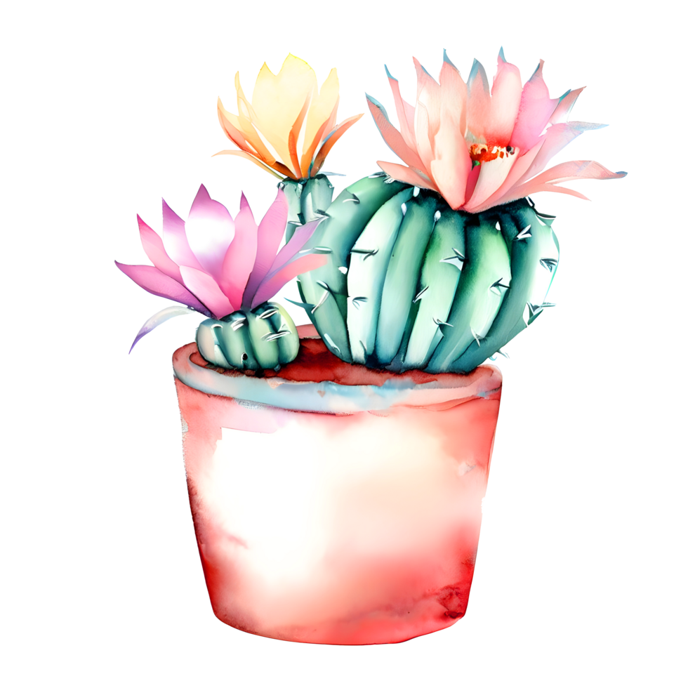 Watercolor Blooming cactus with flowers in vintage pots. png