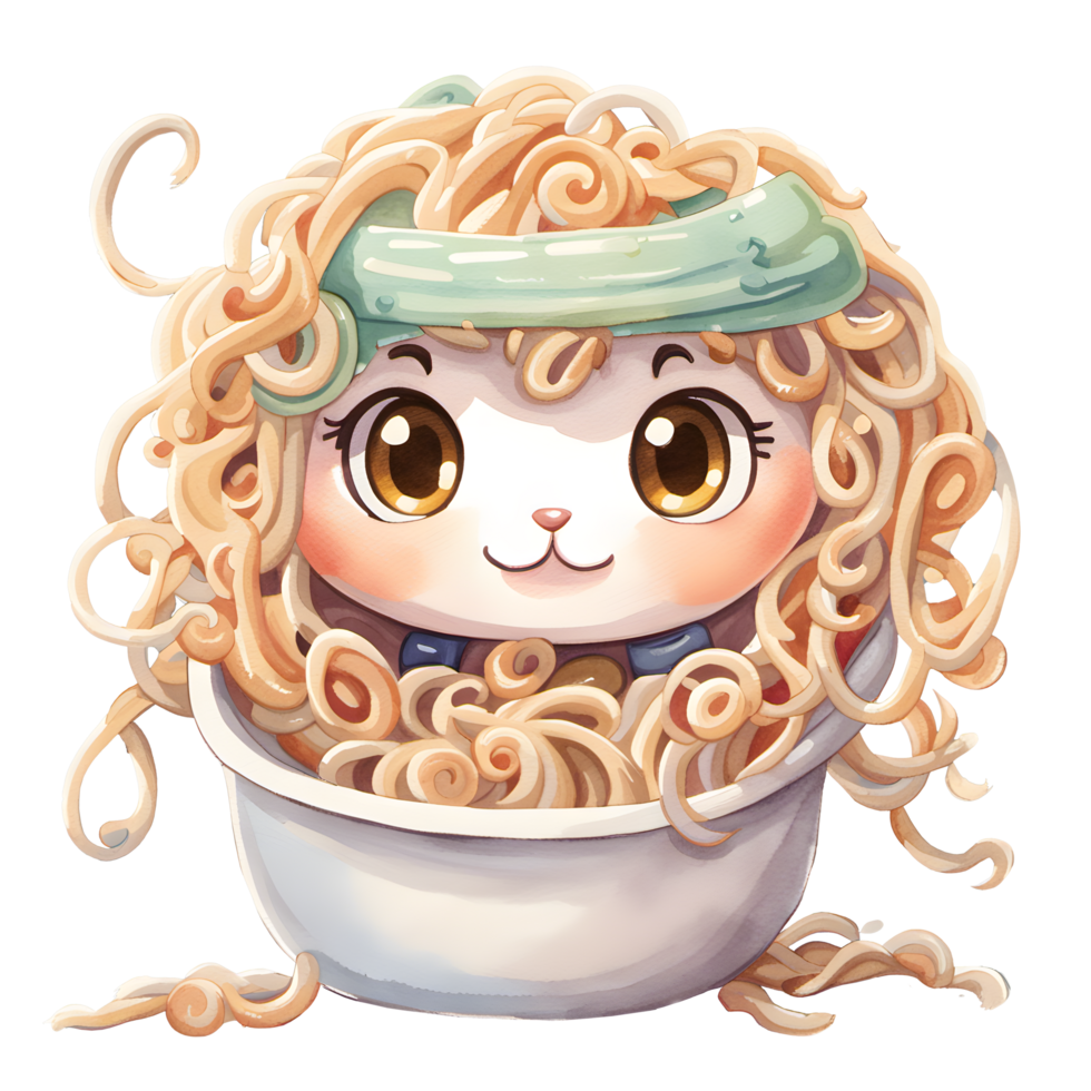 Watercolor Homemade delicious cute noodle in white bowl cartoon for food illustration png