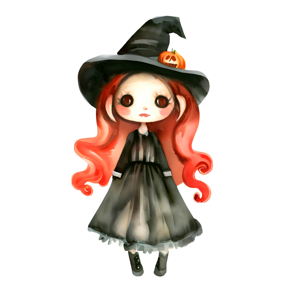 Watercolor and painting halloween witch girl  doll with black hat element illustration png