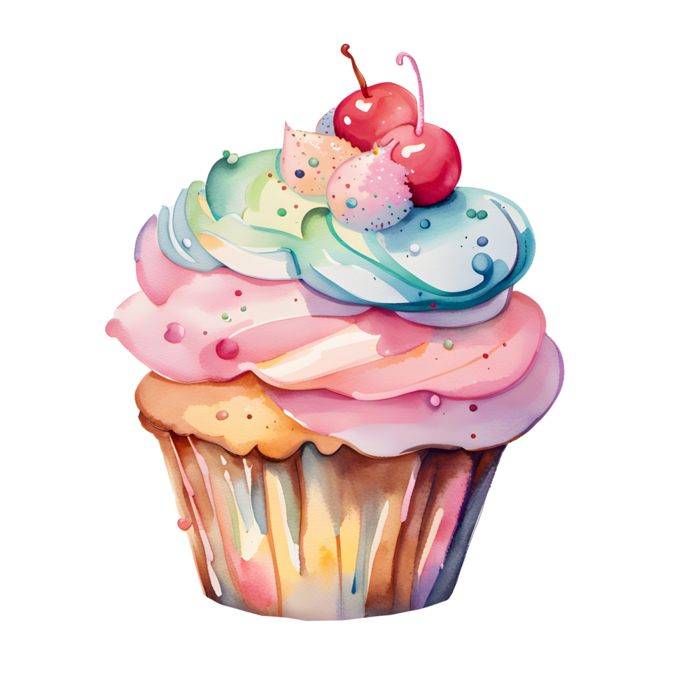 acuarela Fresco dulce vistoso arco iris magdalenas y fresa, baya Adición crema. hecho en casa panadería con postre y comida ilustración png