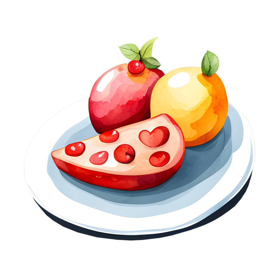 Watercolor for Delicious fruit salad and vegetables with white plate. Food Illustration png