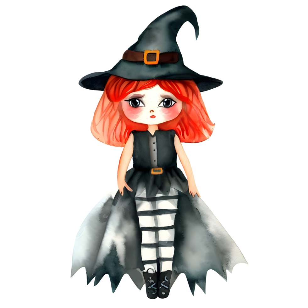 Watercolor and painting halloween witch girl  doll with black hat element illustration png