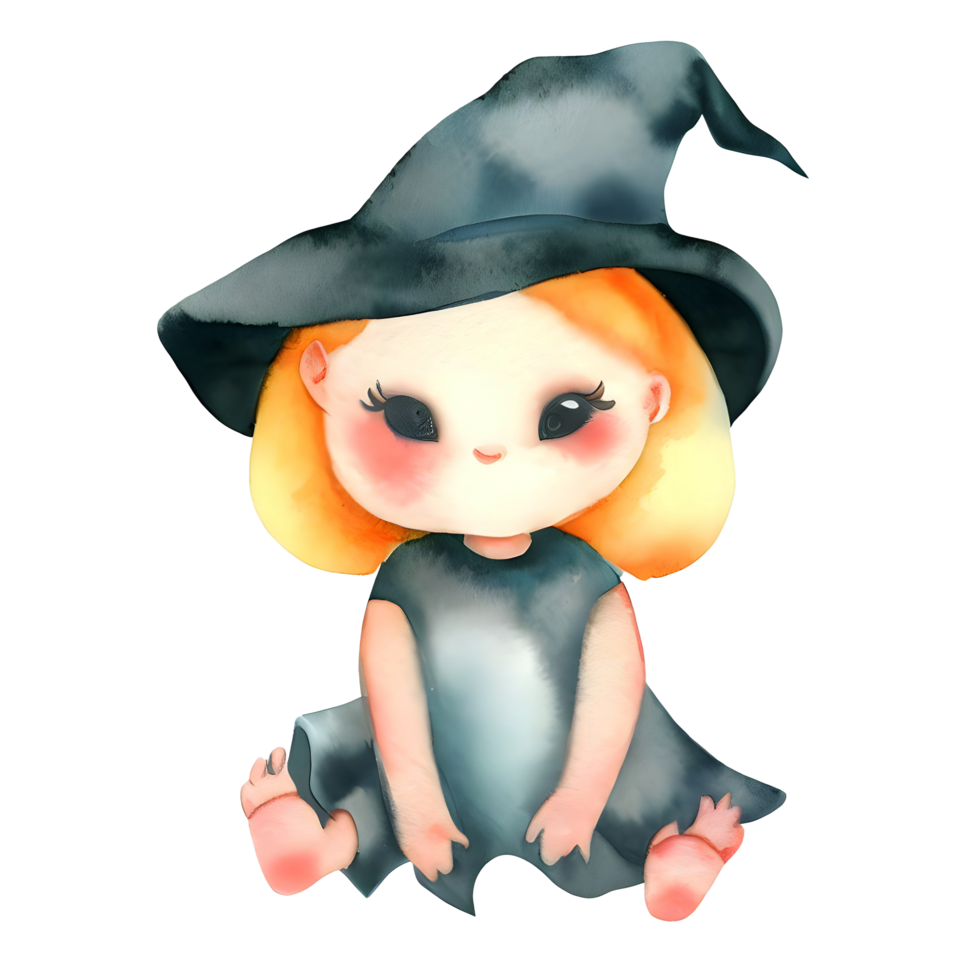 Watercolor and painting halloween witch girl  doll with black hat element illustration png