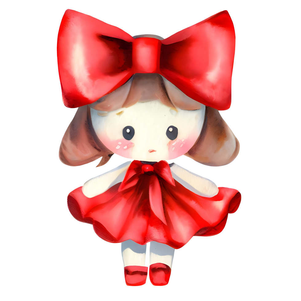 Watercolor and painting baby cute doll with red bow. Png file