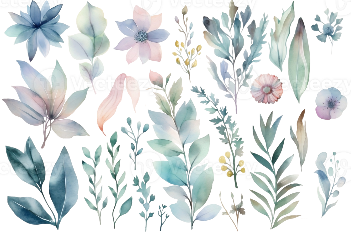 Watercolor set of different colors and leaves in pastel colors on a transparent background. AI generated illustration. png