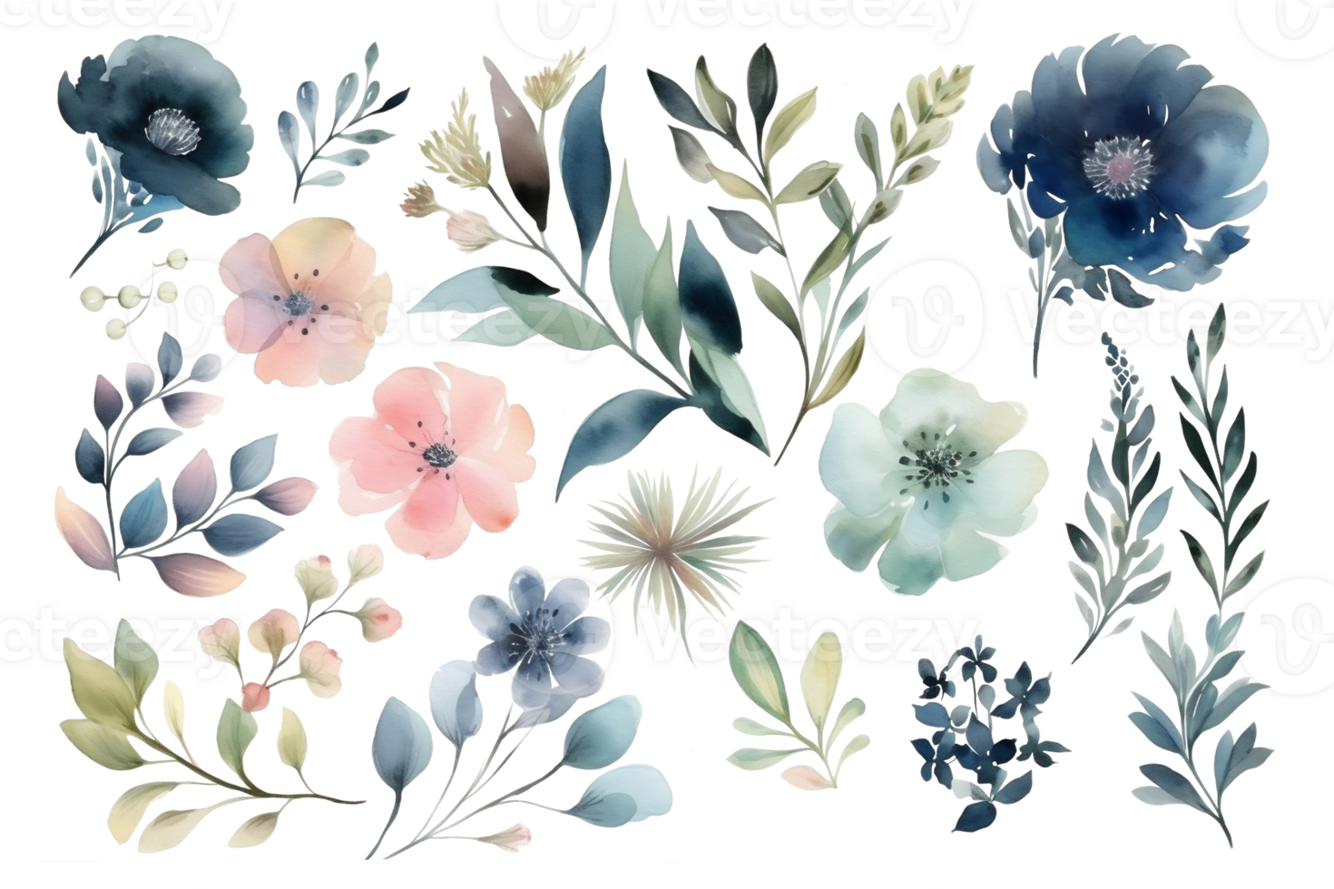 Watercolor set of different colors and leaves in pastel colors on a transparent background. AI generated illustration. png