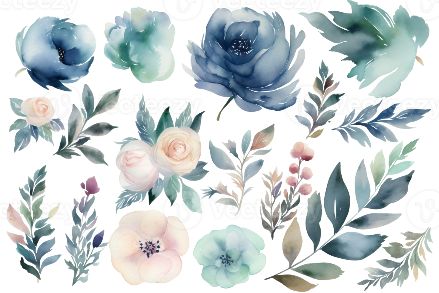 Watercolor set of different colors and leaves in pastel colors on a transparent background. AI generated illustration. png