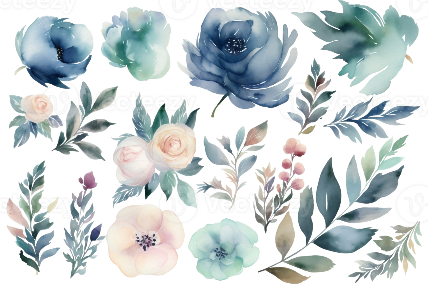 waterverf reeks van verschillend kleuren en bladeren in pastel kleuren Aan een transparant achtergrond. ai gegenereerd illustratie. png