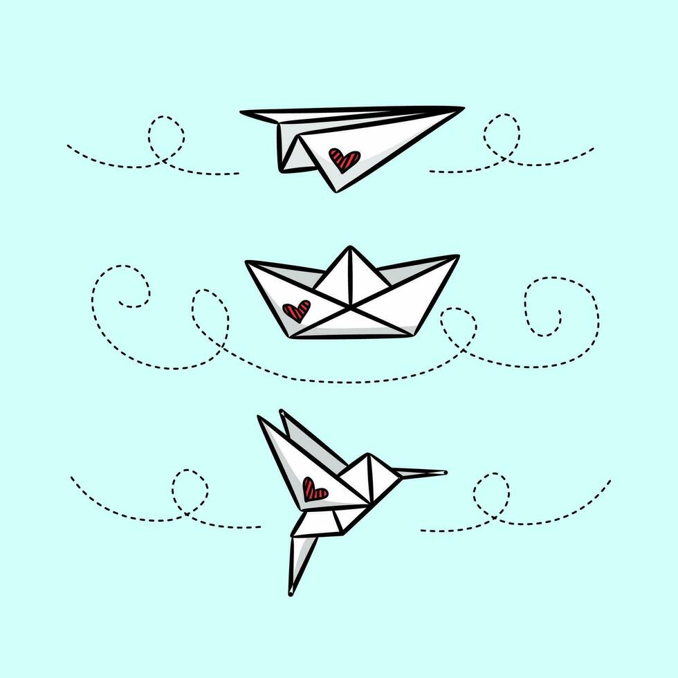 Origami set. airplane, boat, bird and hummingbird drawing vector