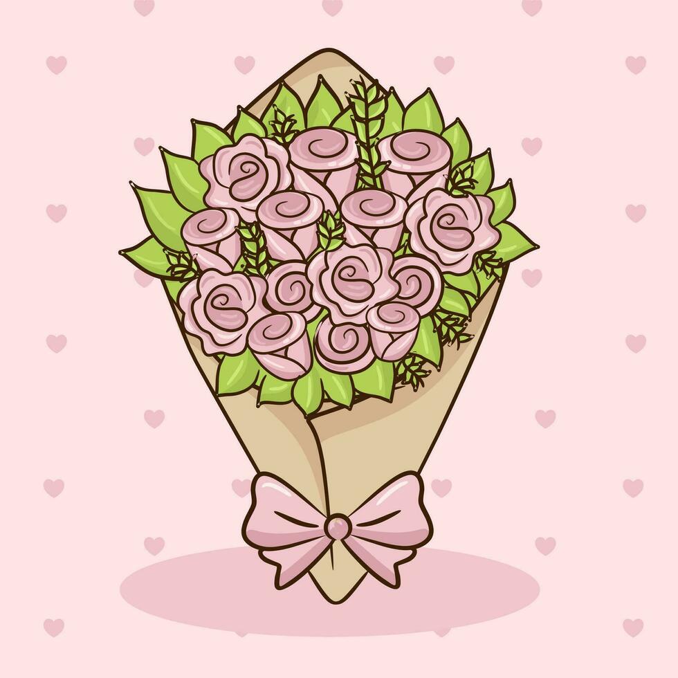 A bouquet of pink roses with a bow is on a pink background vector