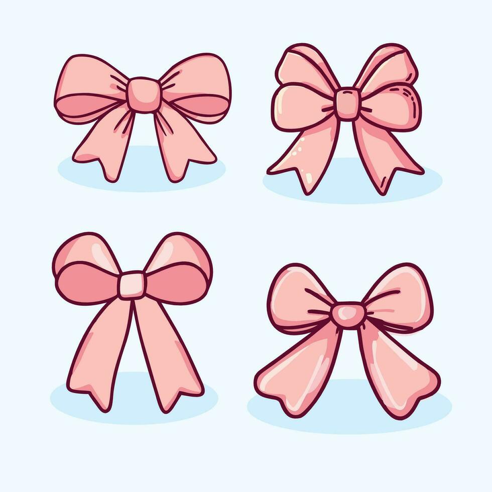 A set of pink bows on a blue background - Hand drawn ribbons set vector