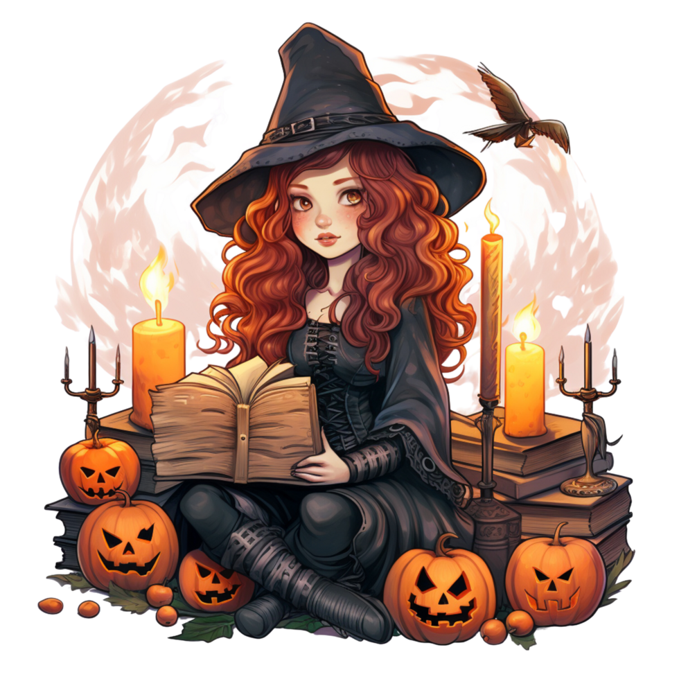 AI Generative witch with a book Halloween png