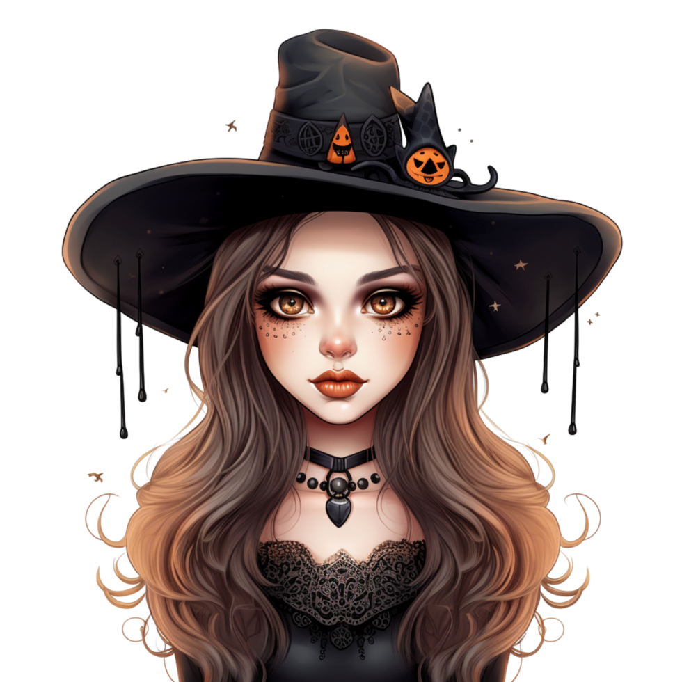 AI Generative witch girl black dress Halloween watercolor png