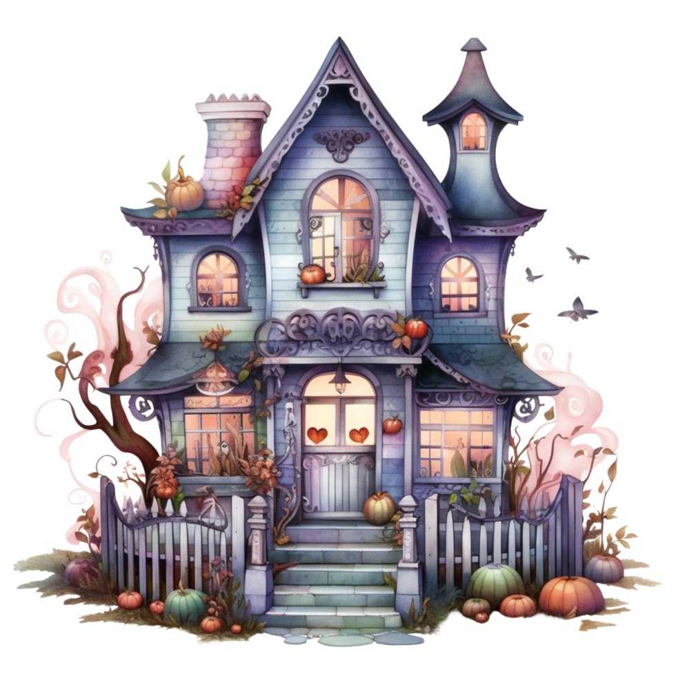AI Generative Watercolor haunted house Halloween on transparent background png