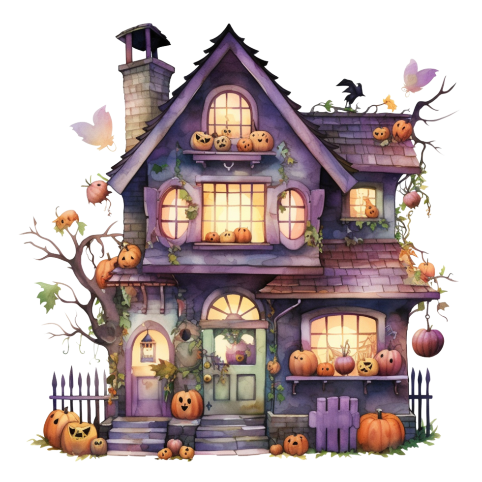 AI Generative Watercolor haunted house Halloween on transparent background png