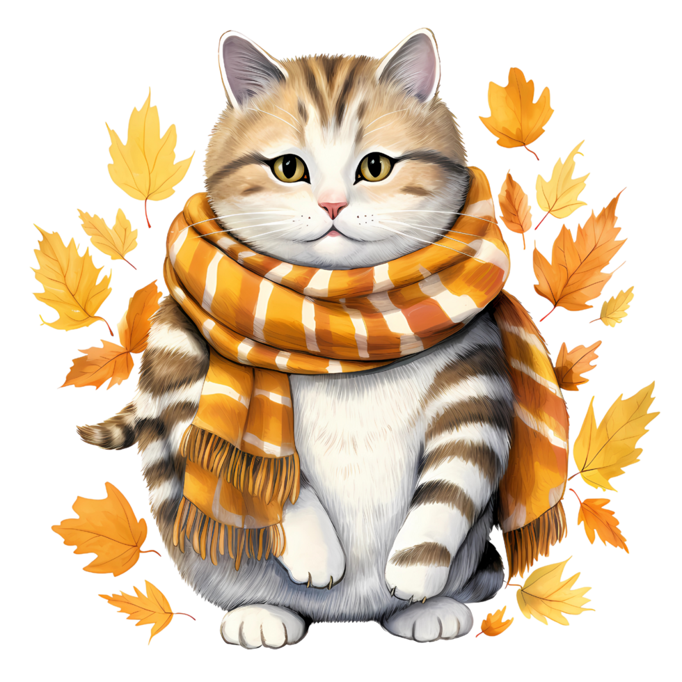 AI Generative Cute chubby cat wear scarf in autumn theme in basket watercolor illustration png